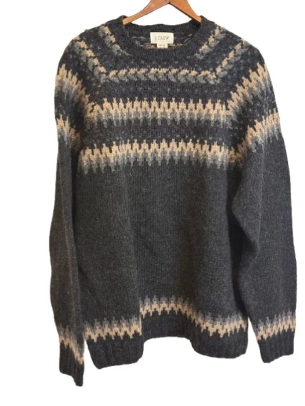 J.Crew Hand Knit Fair Isle Sweater Mens XL 100% Wool Nordic Crewneck